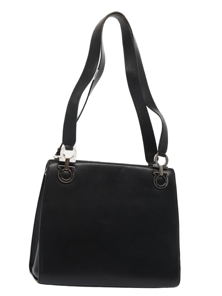 Salvatore Ferragamo Gancini Shoulder Bag Leather Black Silver Auth 86895